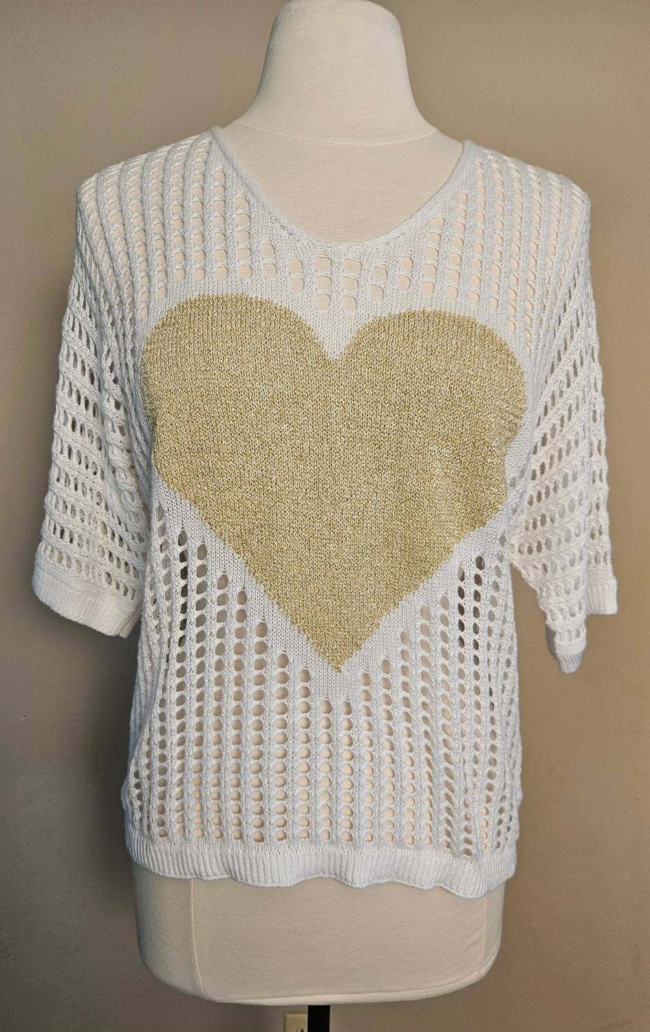 Charlie B - Women's Fishnet Sweater With Lurex Heart