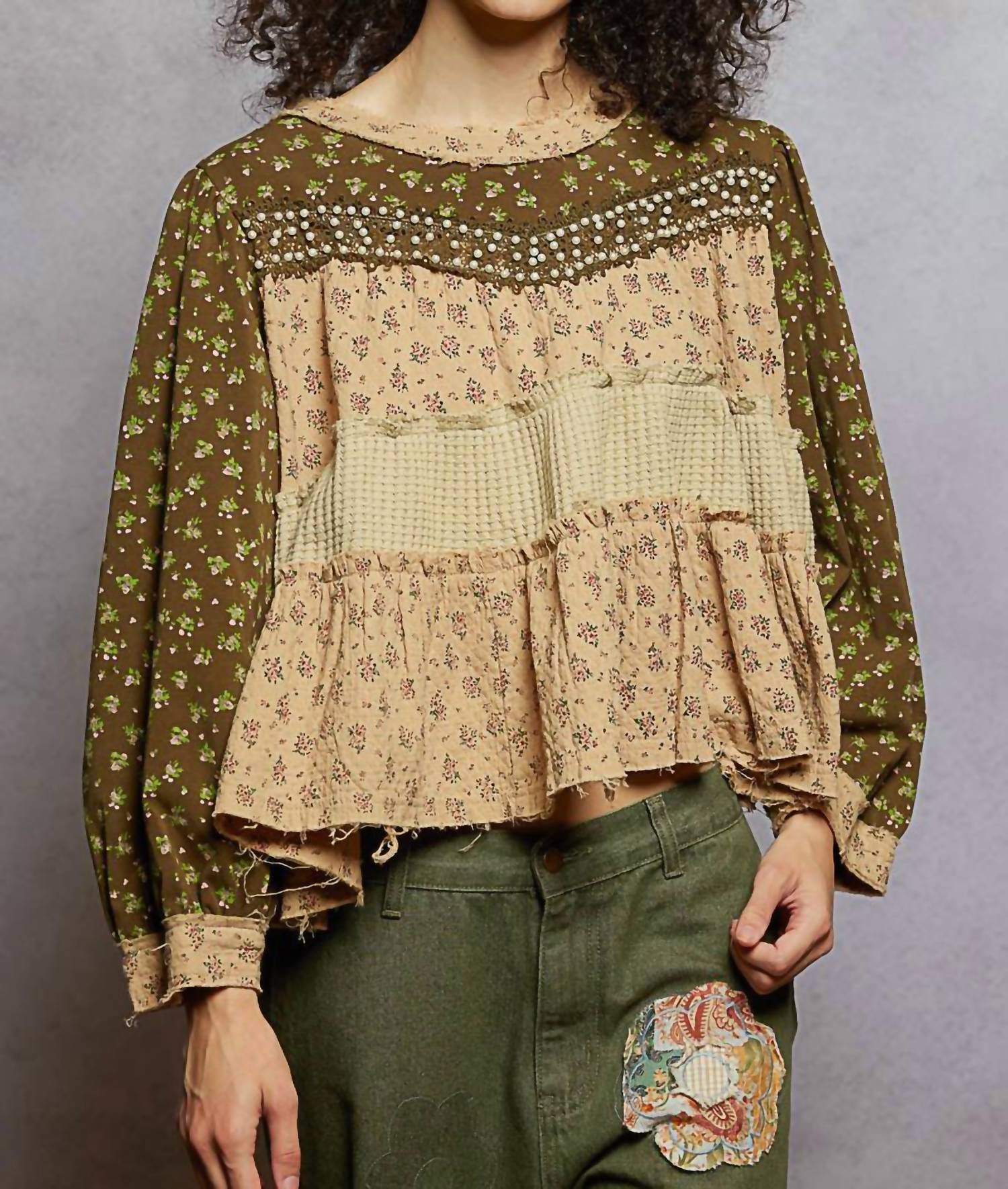 POL Pearl Studded Patch Work Top in olive green - women's blouse