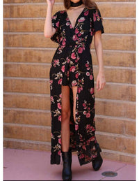 ANGIE Floral Maxi Romper in black - women's pants - view 4