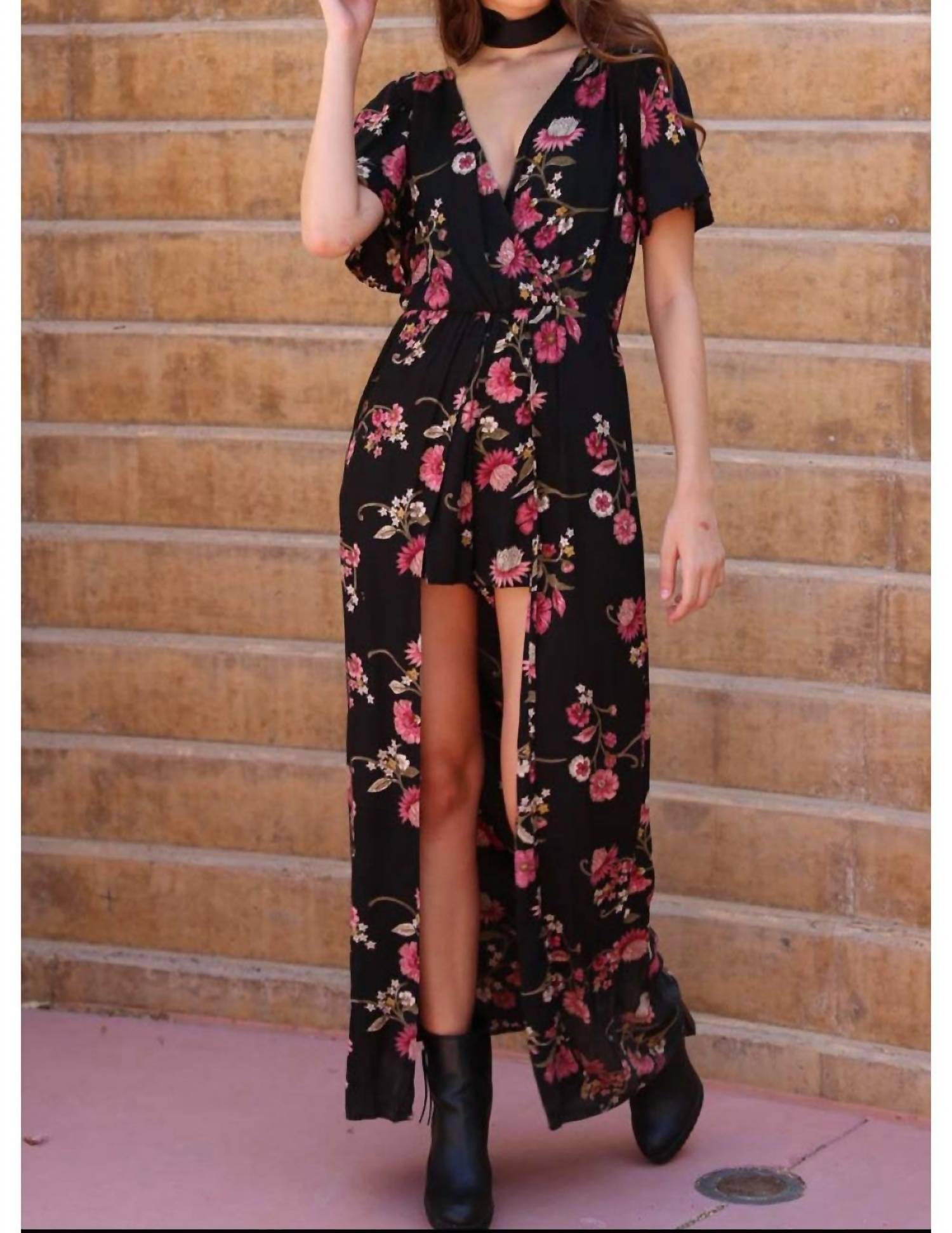 ANGIE Floral Maxi Romper in black - women's pants - view 4
