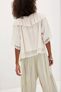 Free People - Lulu Knit Billowy Ruffle Lace Trim V-neck Top