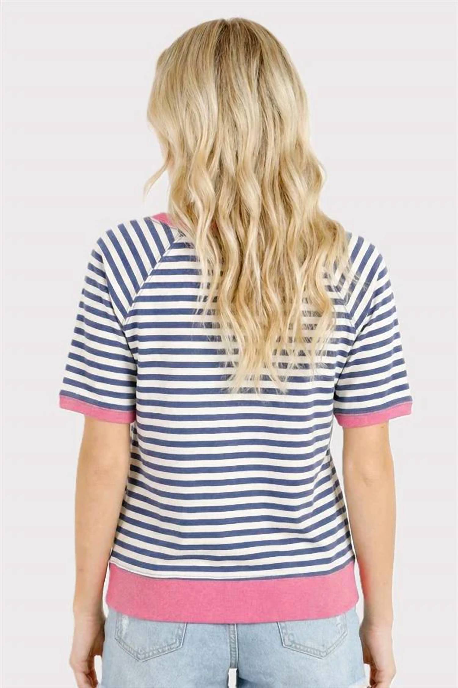 Staccato - Color Trimmed Half Sleeve Crewneck Terry Striped Top