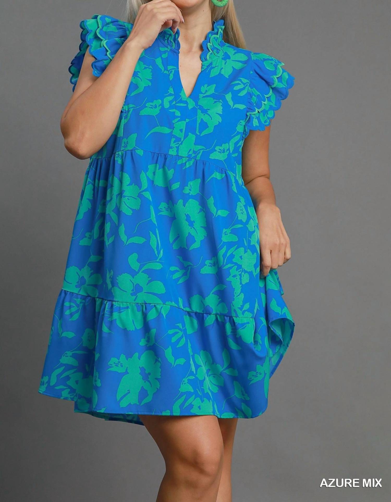 Umgee - Floral Print With Scalloped Edges Mini Dress - Plus