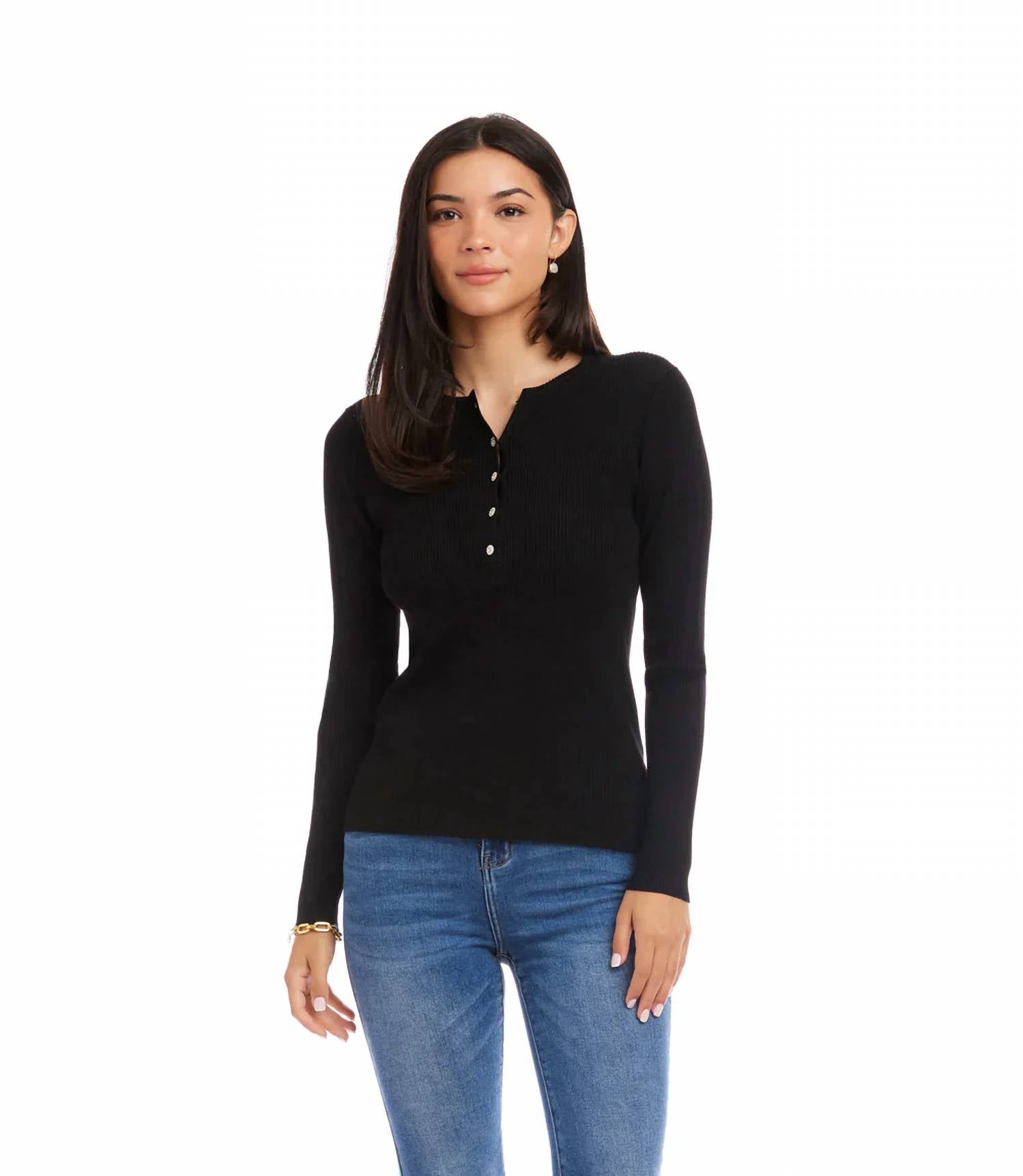 Karen Kane - Hana Henley Ribbed Crewneck Sweater