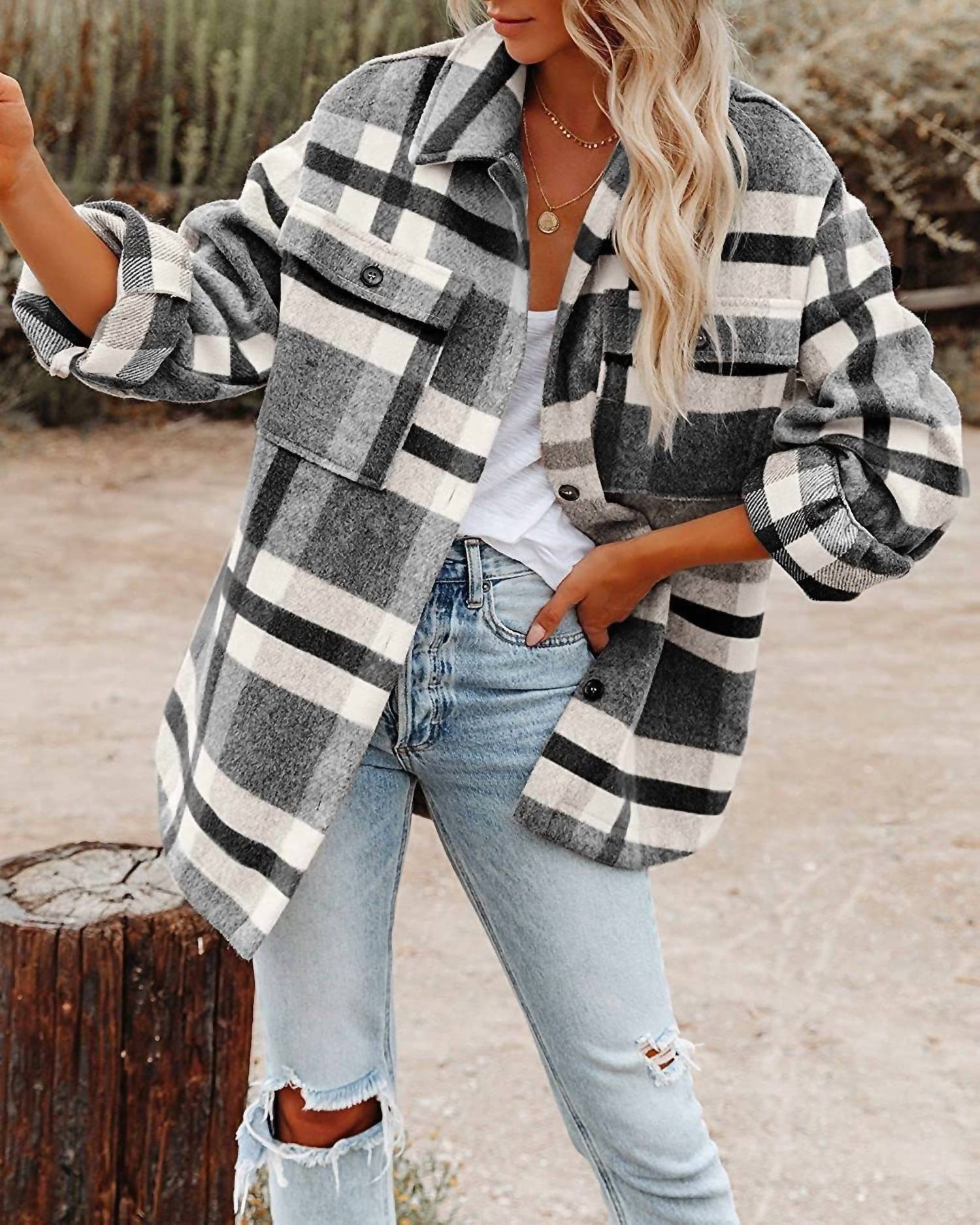 Lovesoft - Plaid Button Flannel Shirt Jacket