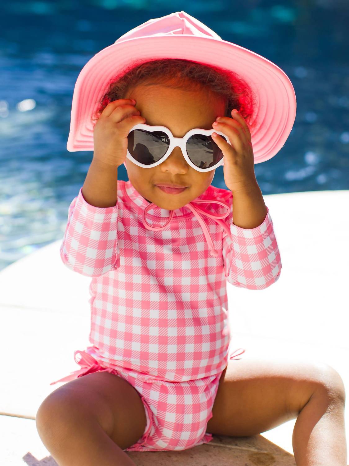 Rufflebutts - Gingham Long Sleeve One Piece Ruffle Rash Guard Swimsuit