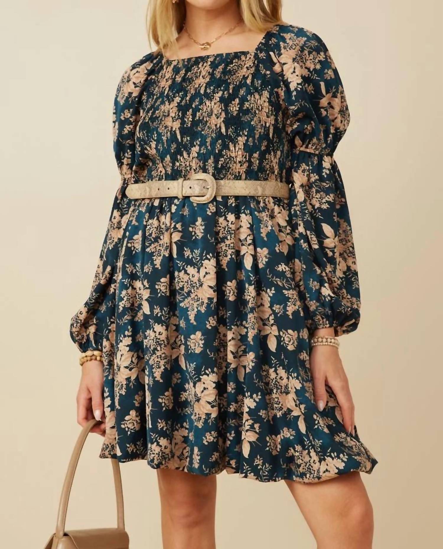 Hayden La - Wide Neck Floral Print Long Sleeved Midi Dress