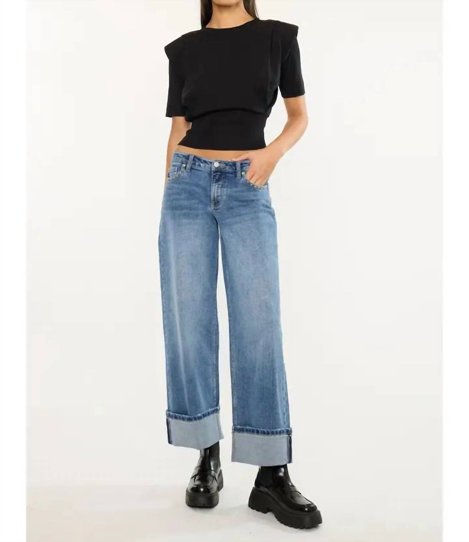 Kancan - Mid Rise Studded Wide Leg Jeans