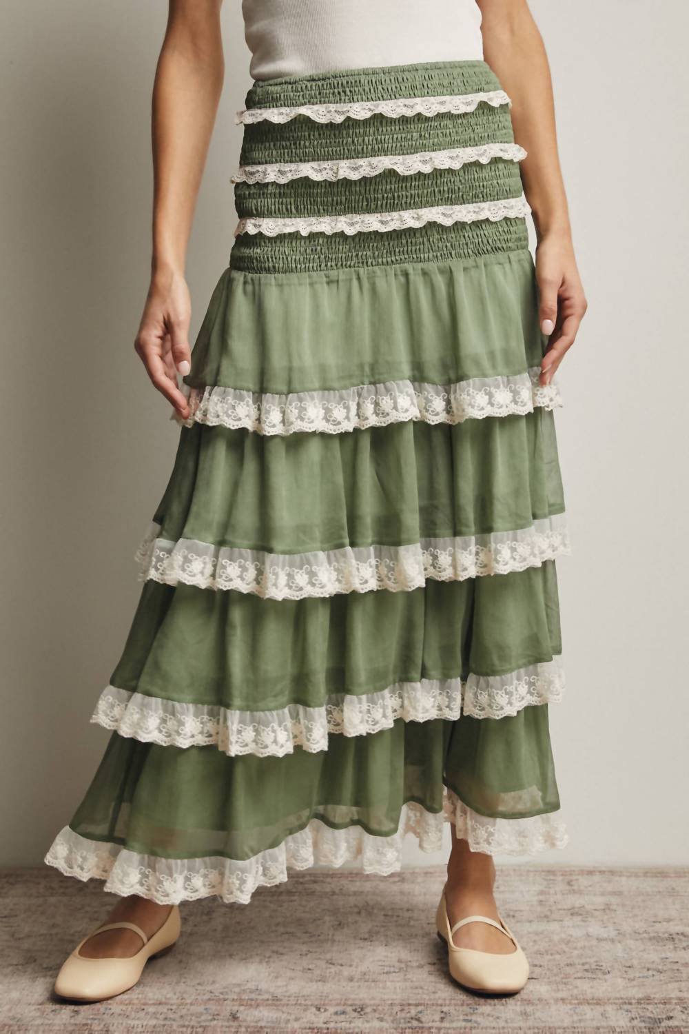 Forte - Smocked Lace Trim Two-Way Midi Dress Skirt