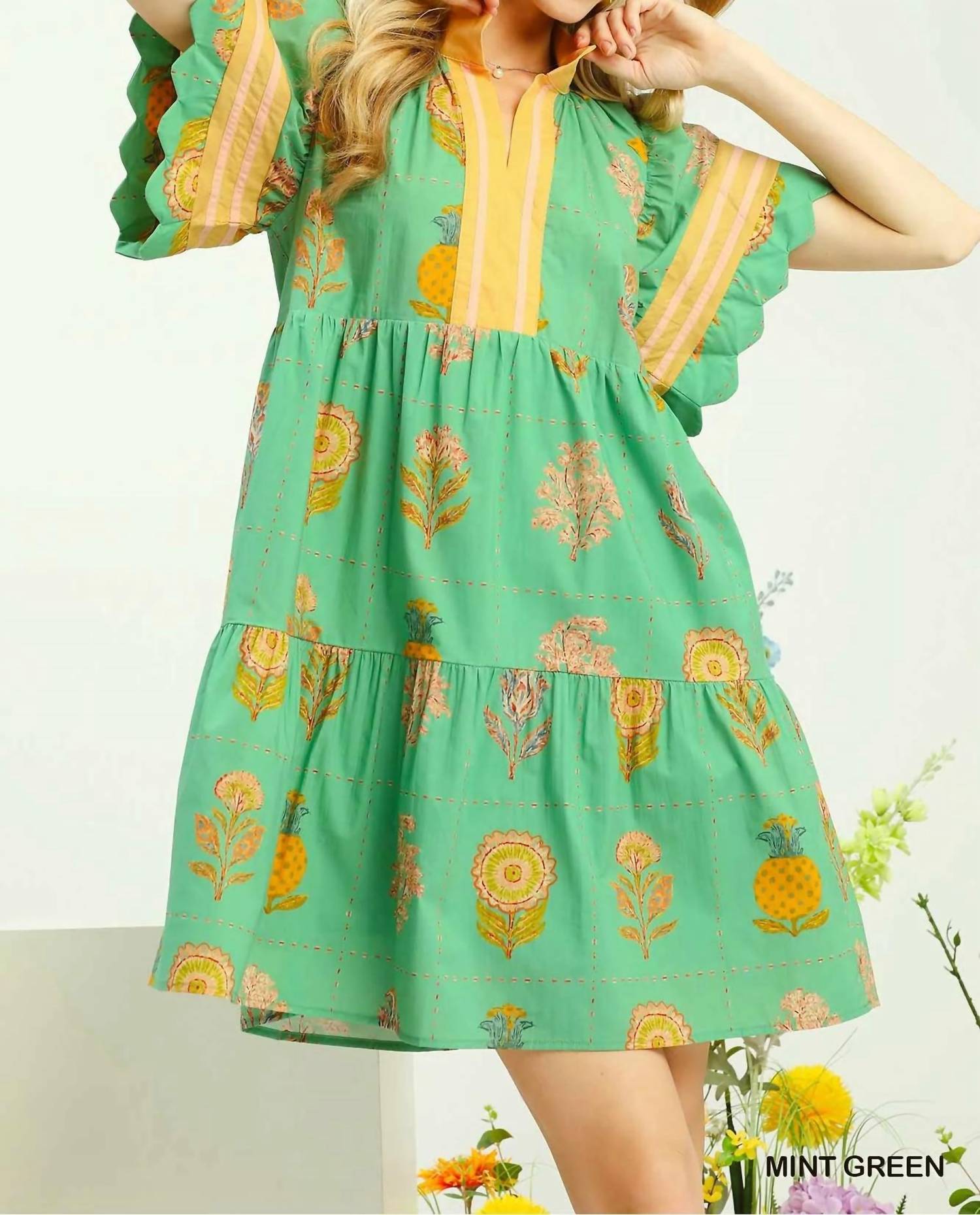 Umgee - Printed Scalloped Mini Dress