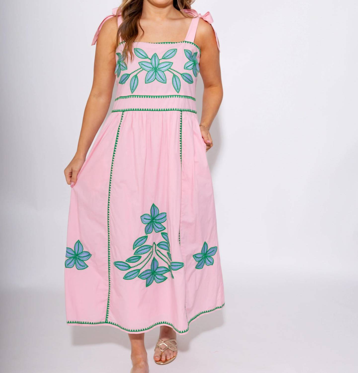 Thml - Embroidered Tie Strap Midi Dress