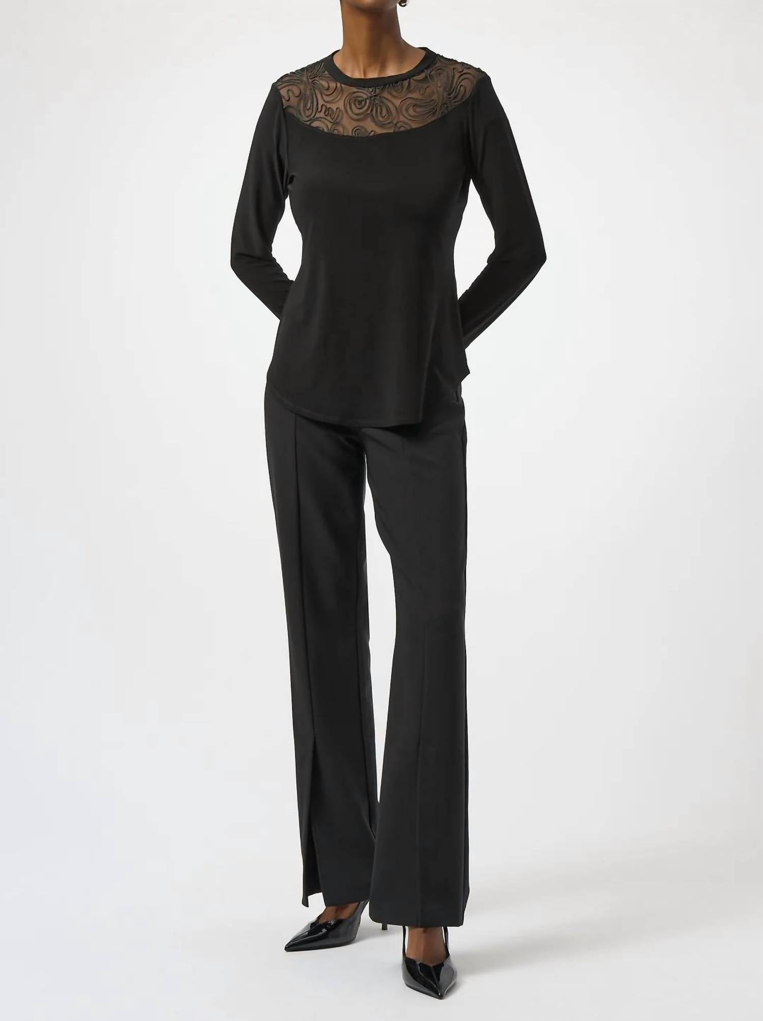 Joseph Ribkoff - Mesh Crew Neck Long Sleeves Fitted Top