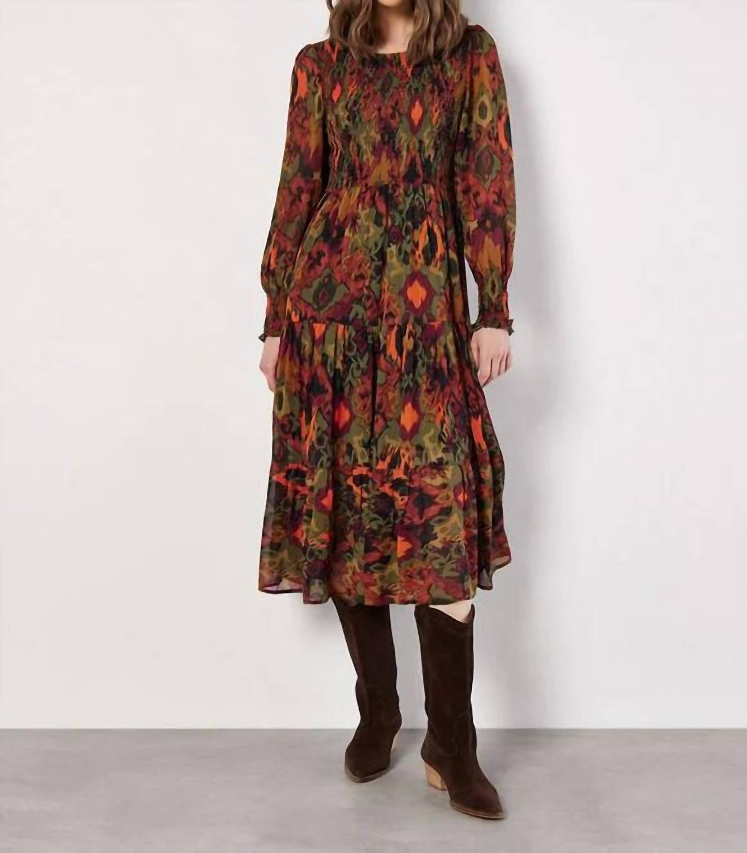 Apricot - Ikat Chiffon Smocked Midi Dress