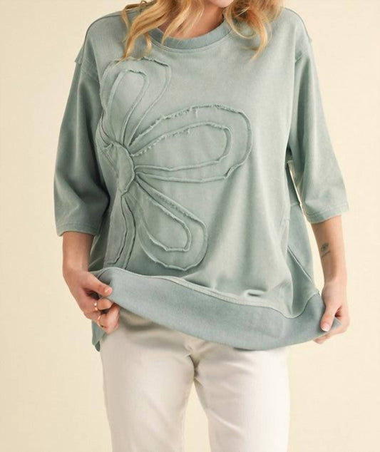 Shewin - Color Terry Knit Top With Flower Front