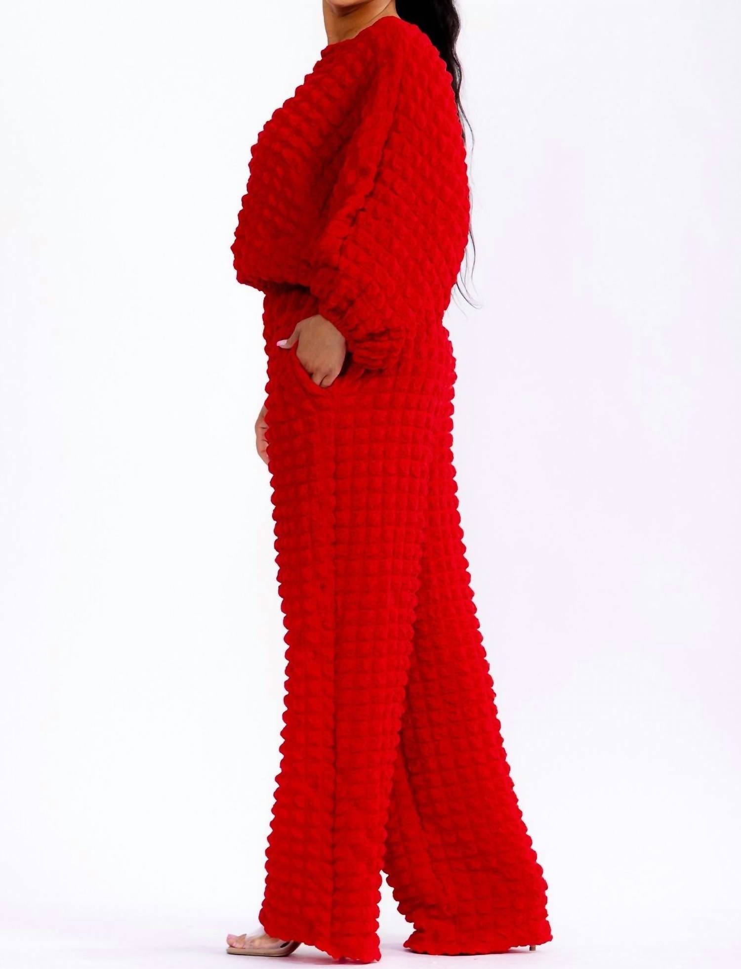 Karen T Design Relaxed-fit Top With Trendy Balloon Sleeves And Wide-leg Pants in red - women's sleepwear - view 4
