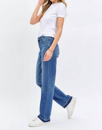 Judy Blue Mid Rise Release Hem Dad Denim Jeans in blue - women's jeans - view 7