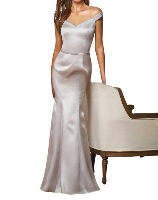 Belsoie - Long Off-the-Shoulder Marquis Satin Bridesmaid Dress