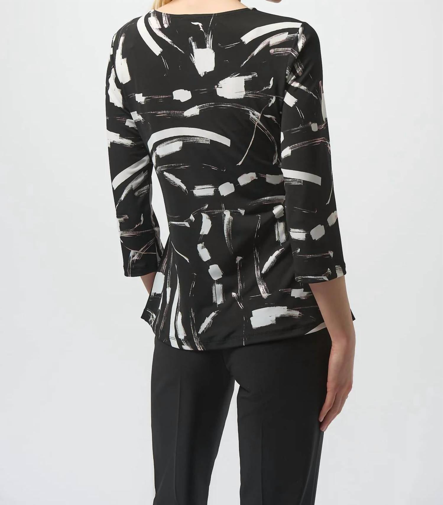 Joseph Ribkoff Abstract Print 3/4 Sleeves Asymmetrical Top in black multi 1 - women's blouse - alternate view