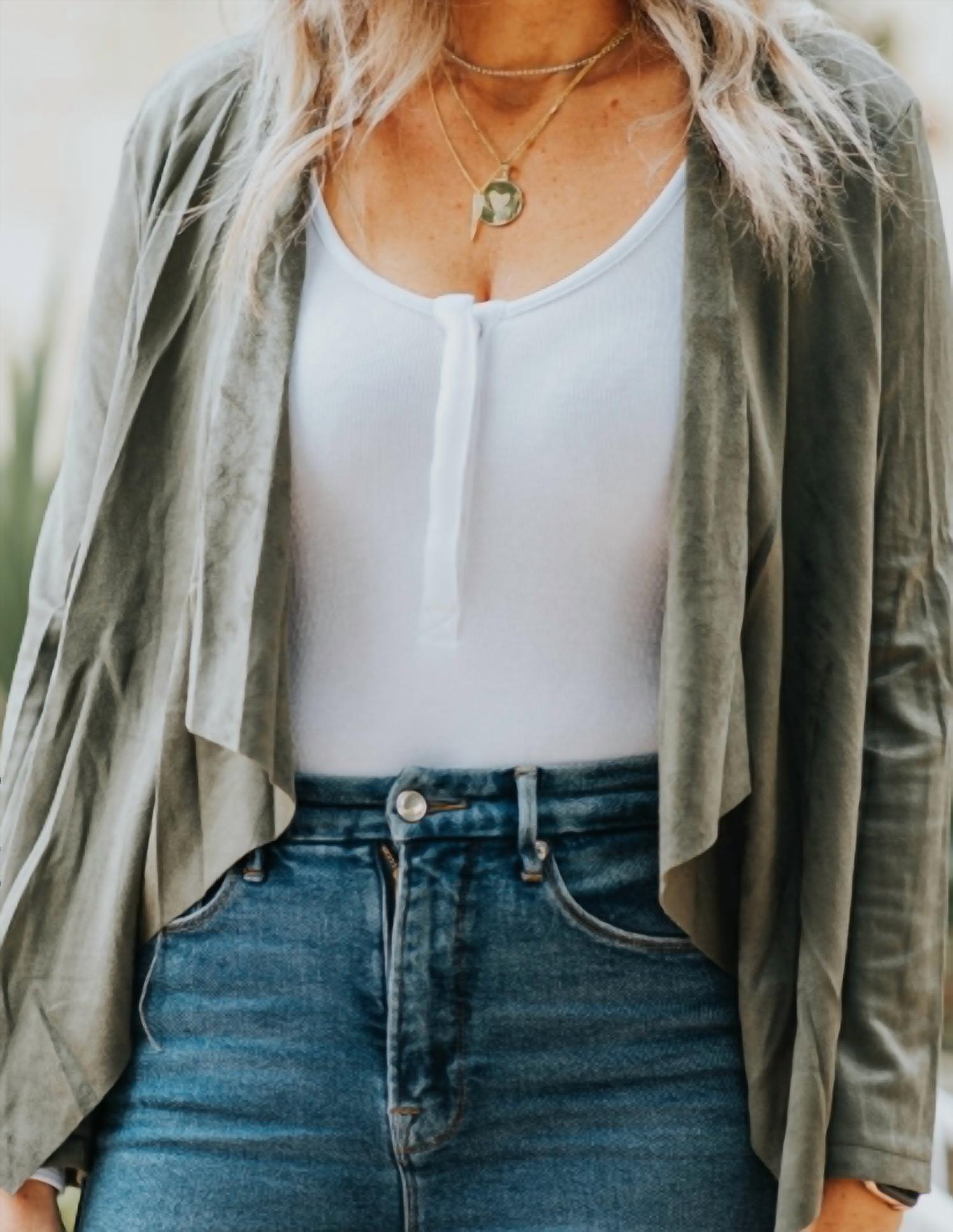 SHE + SKY T-Pro Tip Blazer in olive - women's jacket - detail view