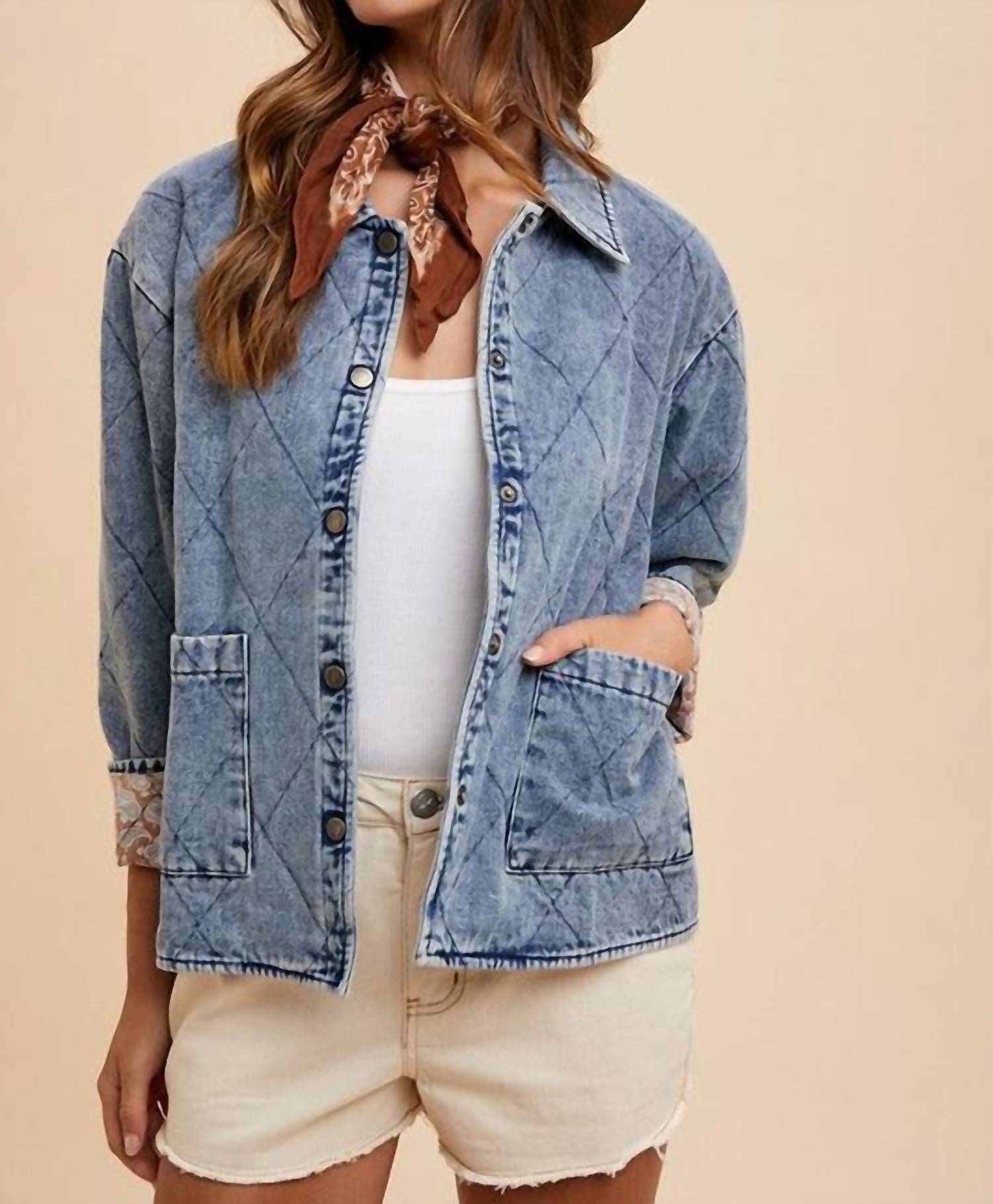 AnnieWear Contrast Lining Quilted Denim Jacket in blue - women's jacket - detail view