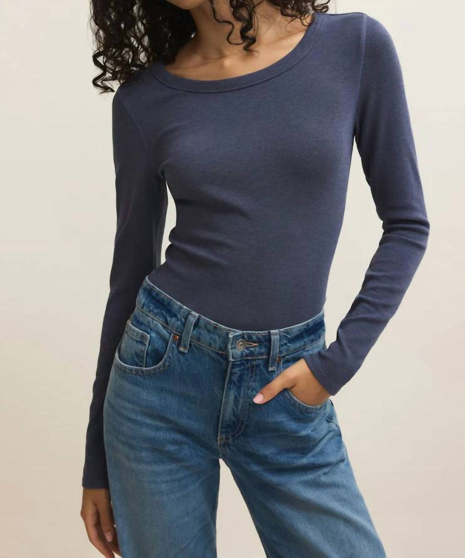 Z Supply Renae Slub Rib Long Sleeve Top in indigo - women's long sleeve top - detail view