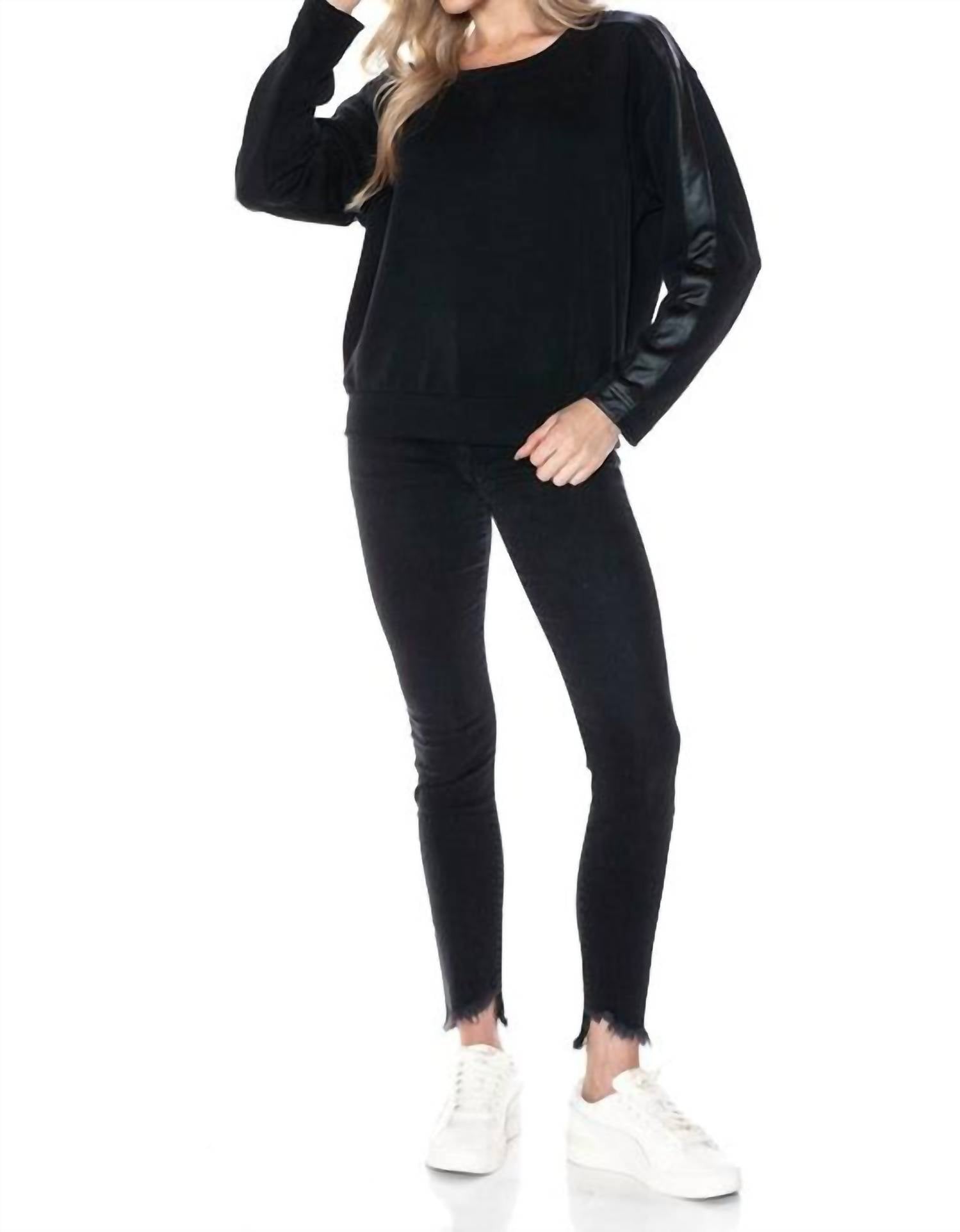 ariella Crewneck With Pleather Sleeves Top in black - women's long sleeve top - view 6