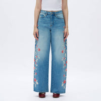 Bayeas - Charlie Floral Embroidery Wide Leg Jeans