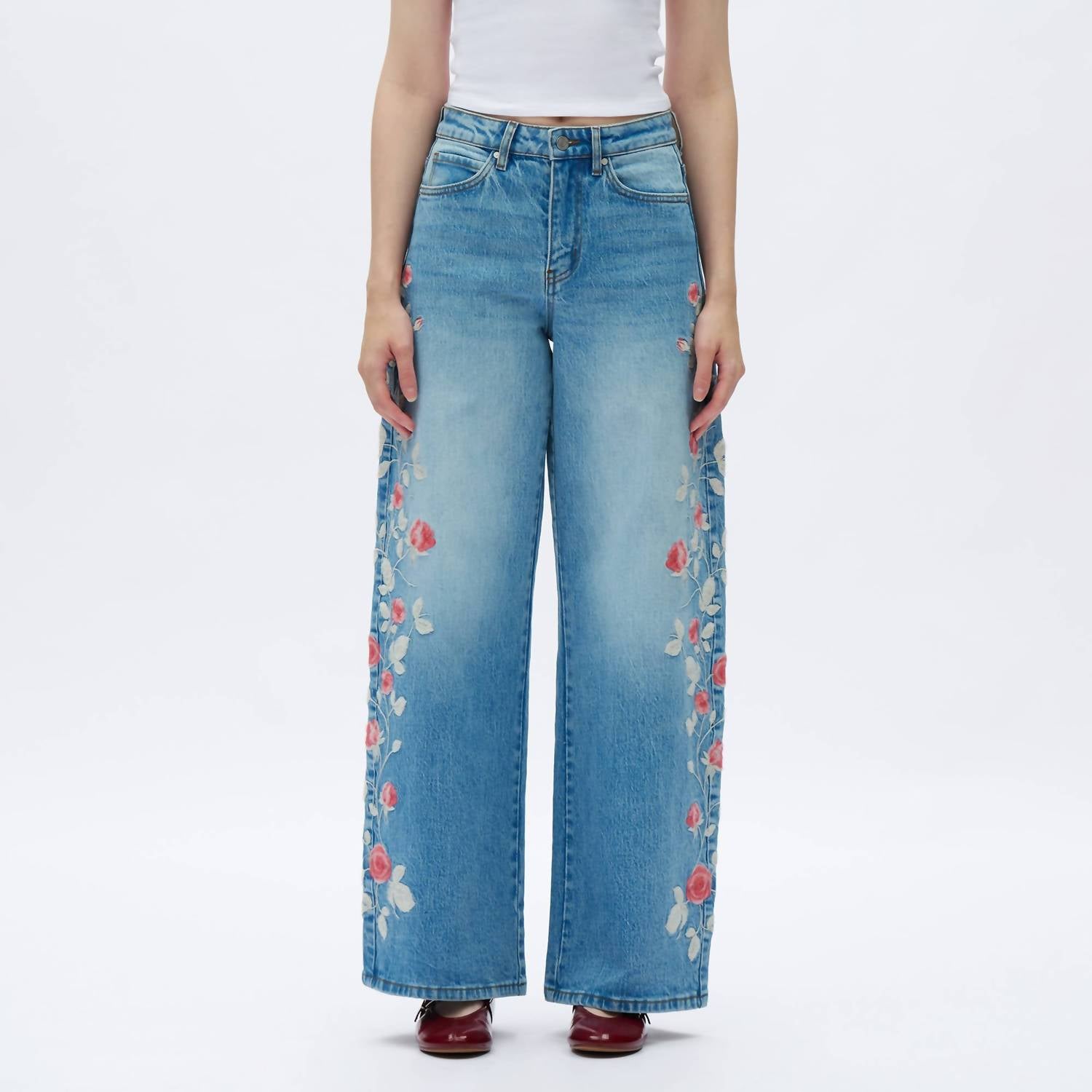 Bayeas - Charlie Floral Embroidery Wide Leg Jeans