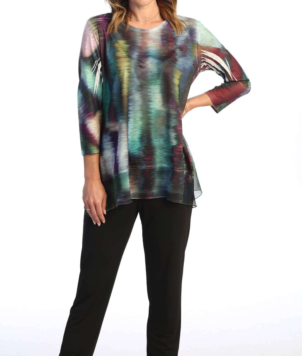 Jess & Jane Reflections Chiffon Hem Top in green multi - women's blouse