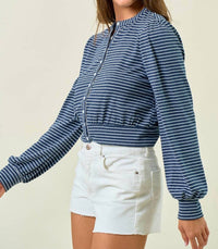 Doe And Rae - Striped Knit Button-front Blouson Top