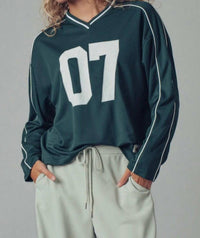 Urban Daizy Varsity 07 Graphic V-Neck Jersey Top in hunter - women's long sleeve top - alternate view