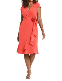 London Times - Cap Sleeve Wrap Dress With Cascade Ruffle