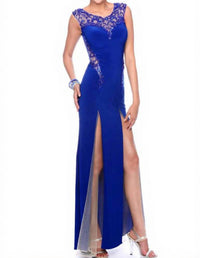 Precious Formals - Sheer-paneled Evening Gown With Walking Slits