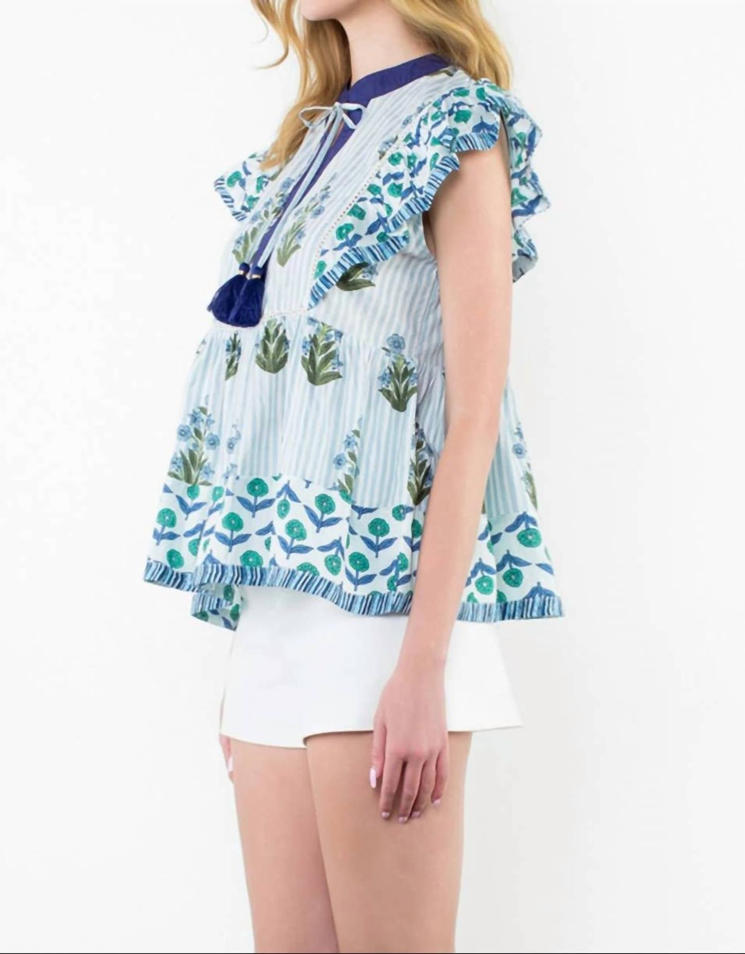 Thml - Got The Blues Flutter Sleeve Floral Tassel Tie Top