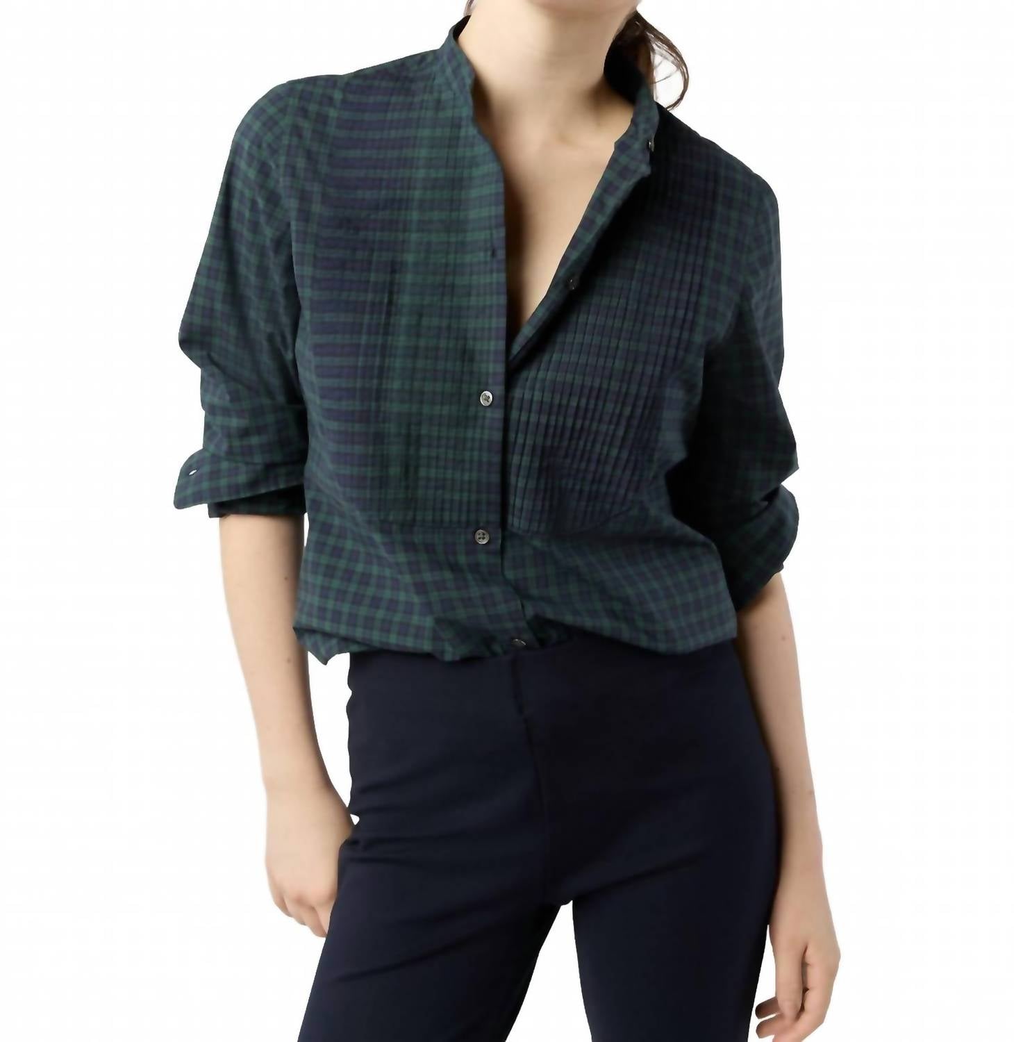 Ann Mashburn Hattie Long Sleeve Button Down Shirt in blackwatch poplin - women's shirt