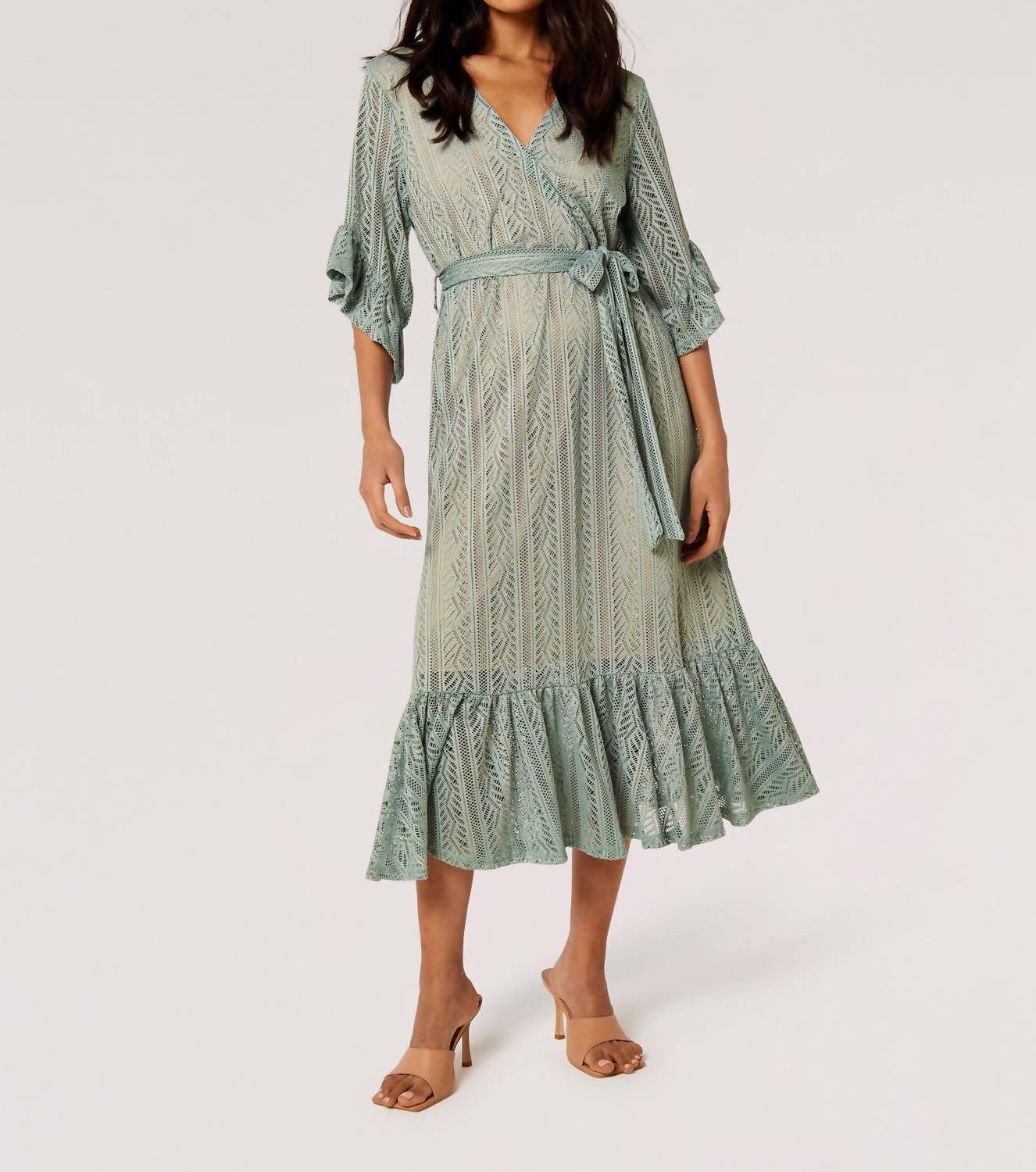 Apricot - Lace Ruffle Wrap Midi Dress