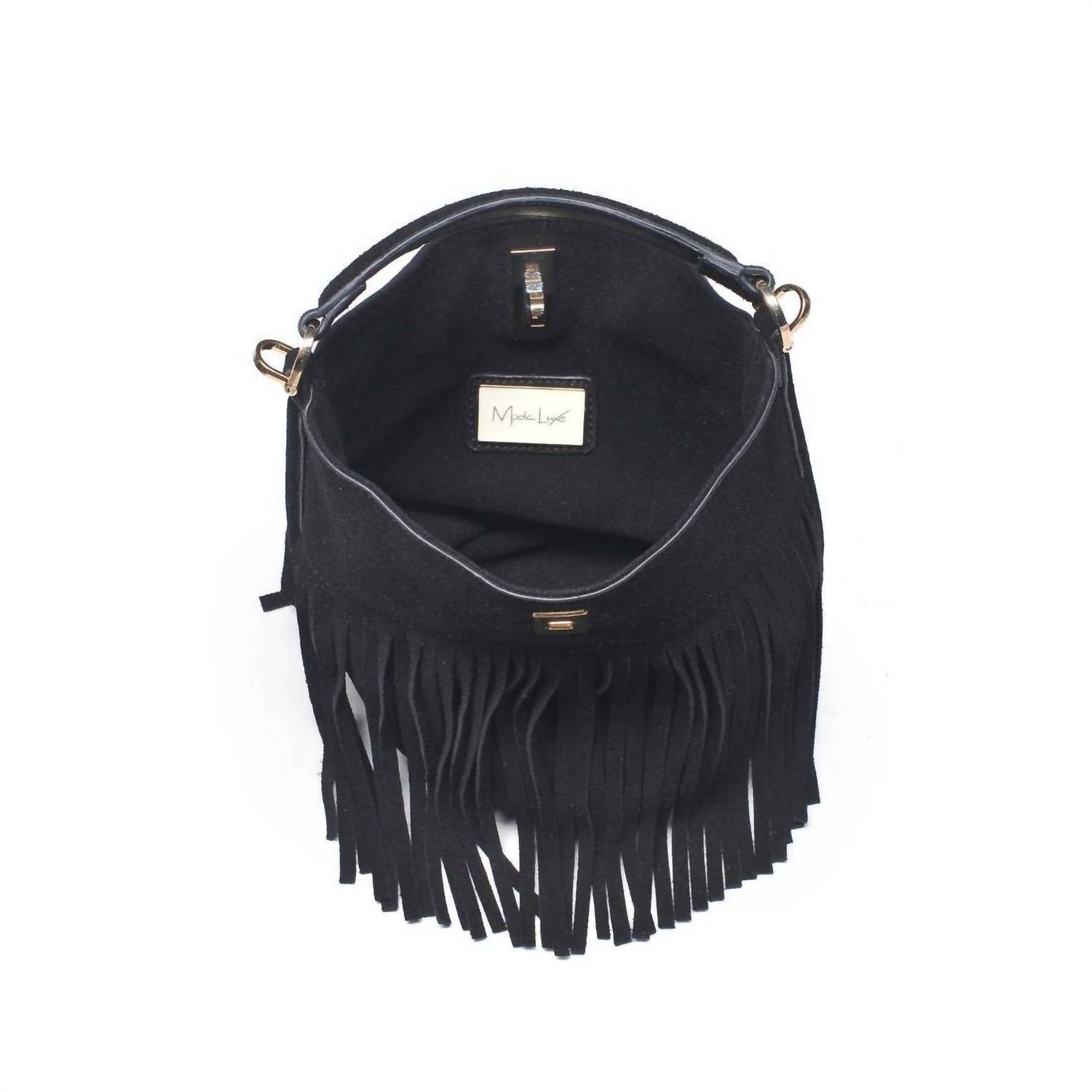 Moda Luxe Bowie Leather Fringe Crossbody Bag in black - women's bag - detail view