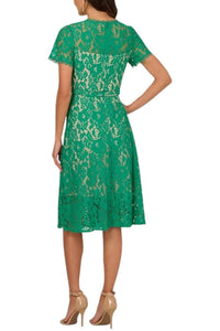 Adrianna Papell - Lace Round Neck A-line Midi Dress