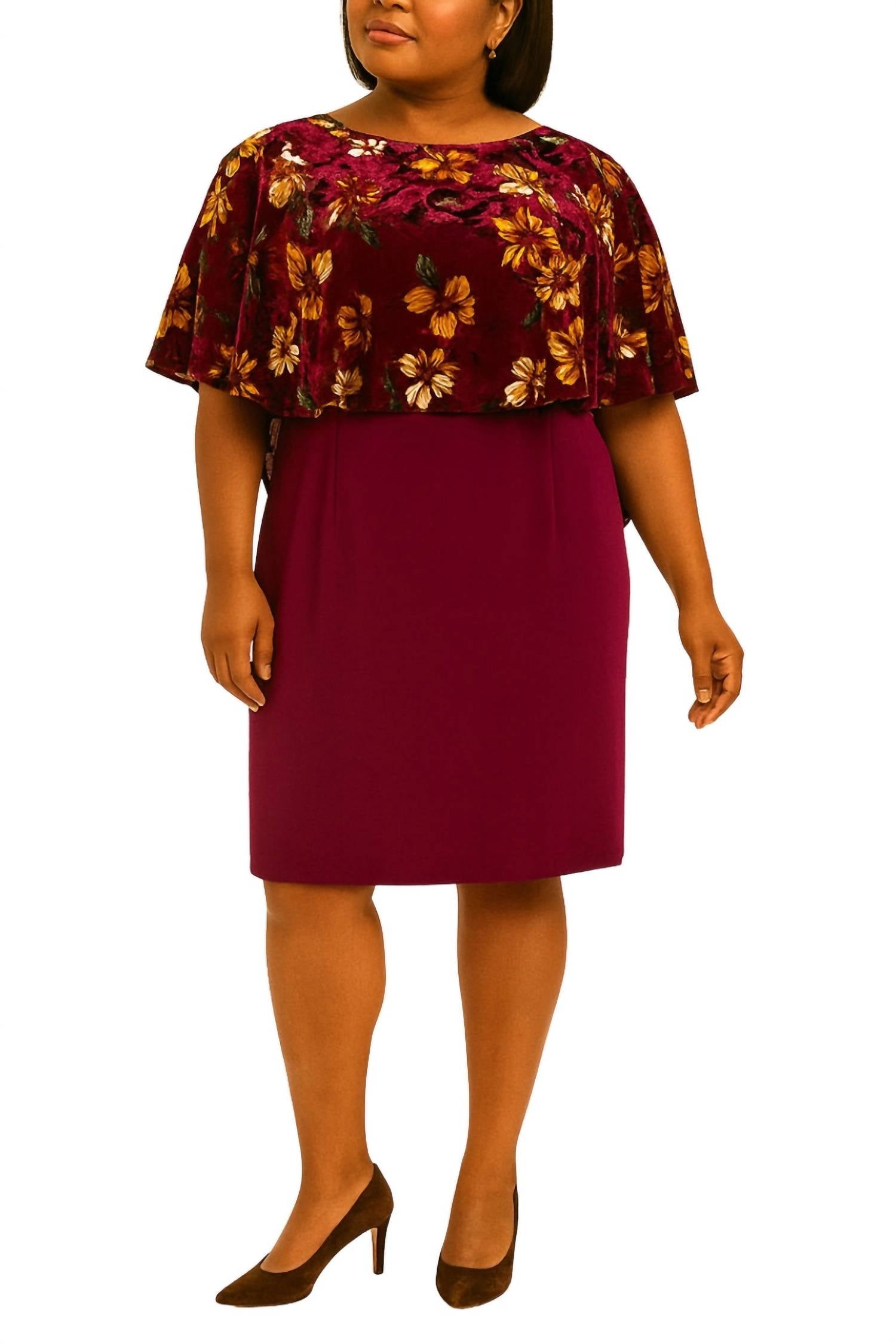 Glamour Nights - Women's Floral Velvet Boat Neckline Capelet Skirt Dress
