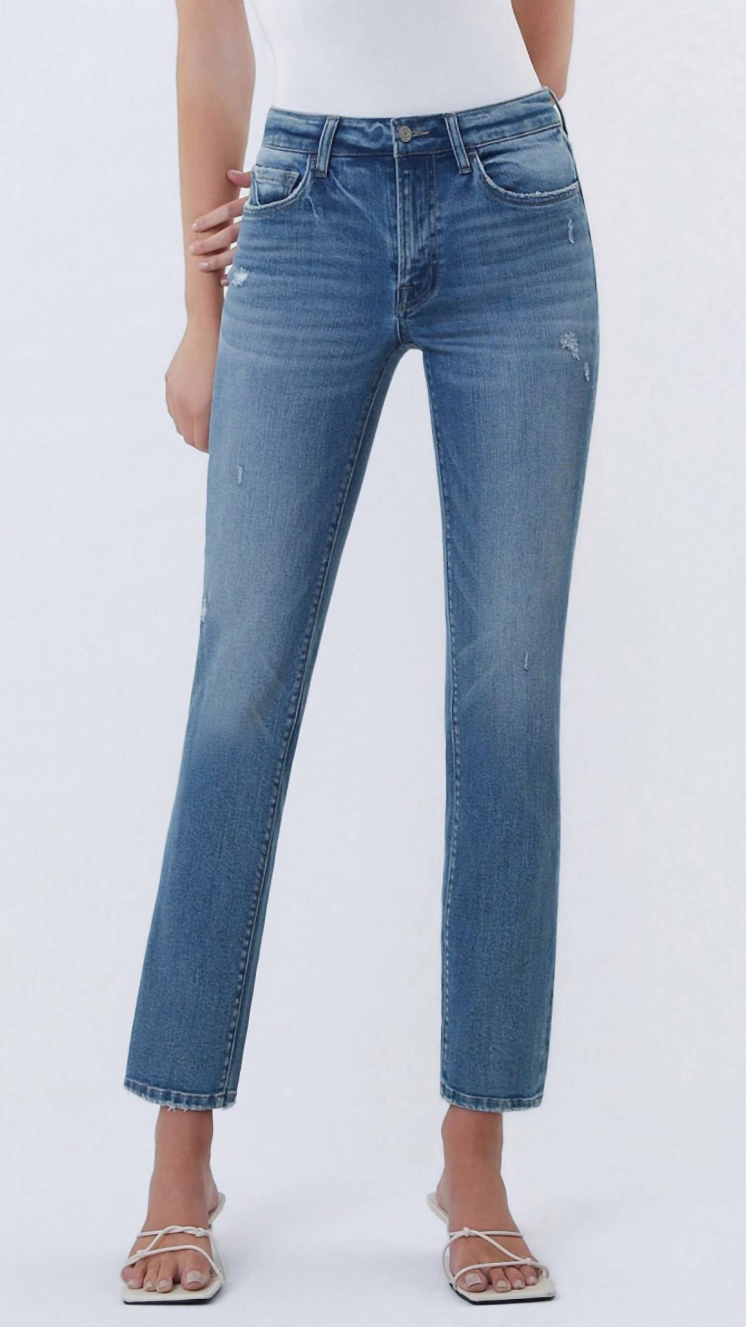 VERVET BY FLYING MONKEY Mid Rise Ankle Slim Straight Slight Distressed Jeans in medium wash - women's jeans