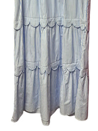 Shewin - Women's Stripe Bubble Sleeve Scallop Tiered Dress