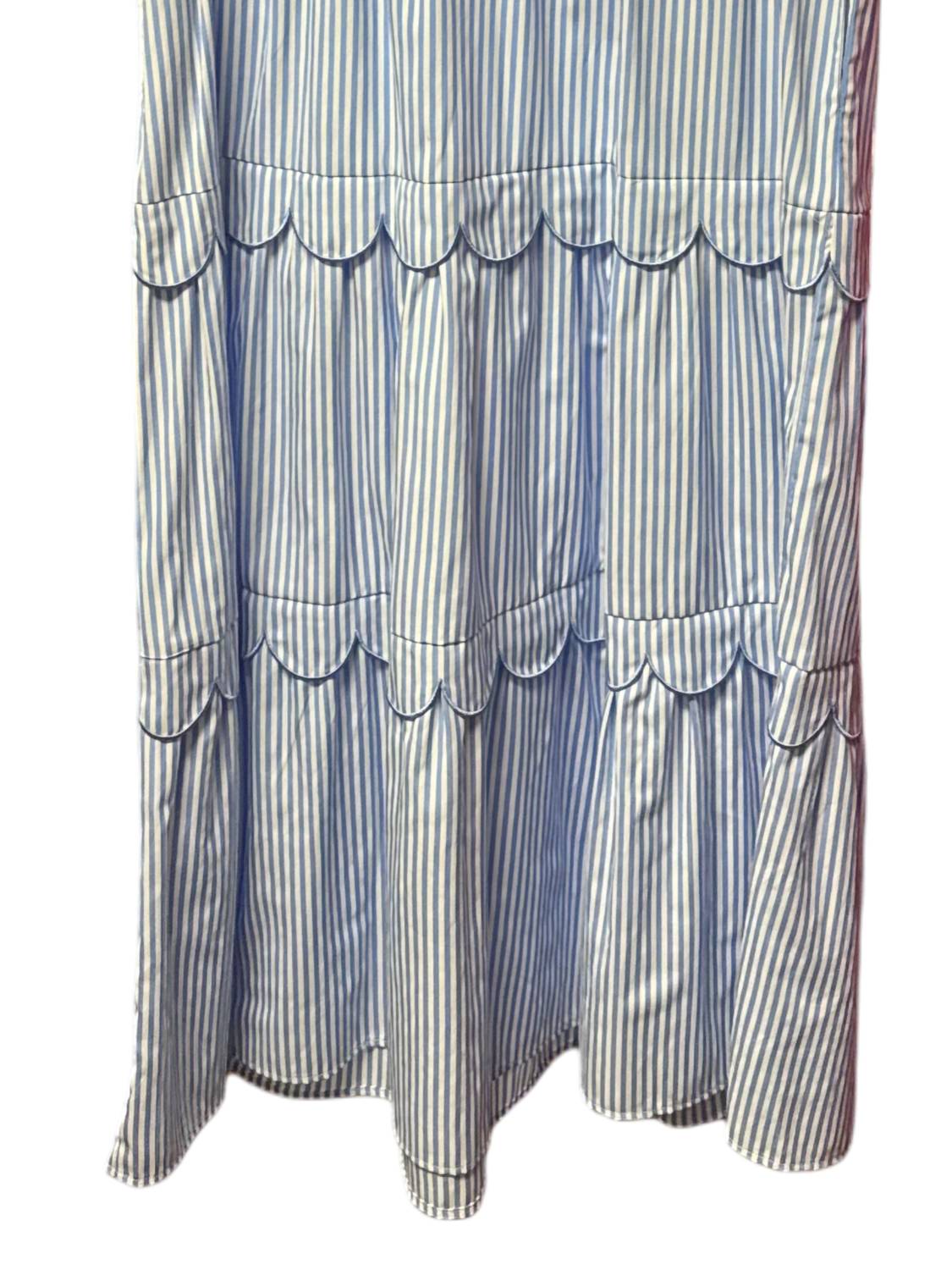Shewin - Women's Stripe Bubble Sleeve Scallop Tiered Dress