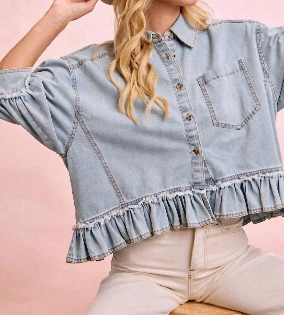Bibi - Ruffled Hem Button Up Top