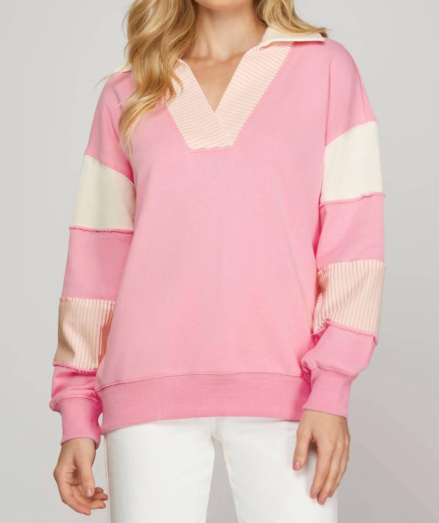 SHE + SKY Color Block French Terry Sweatshirt Top in pink - women's top