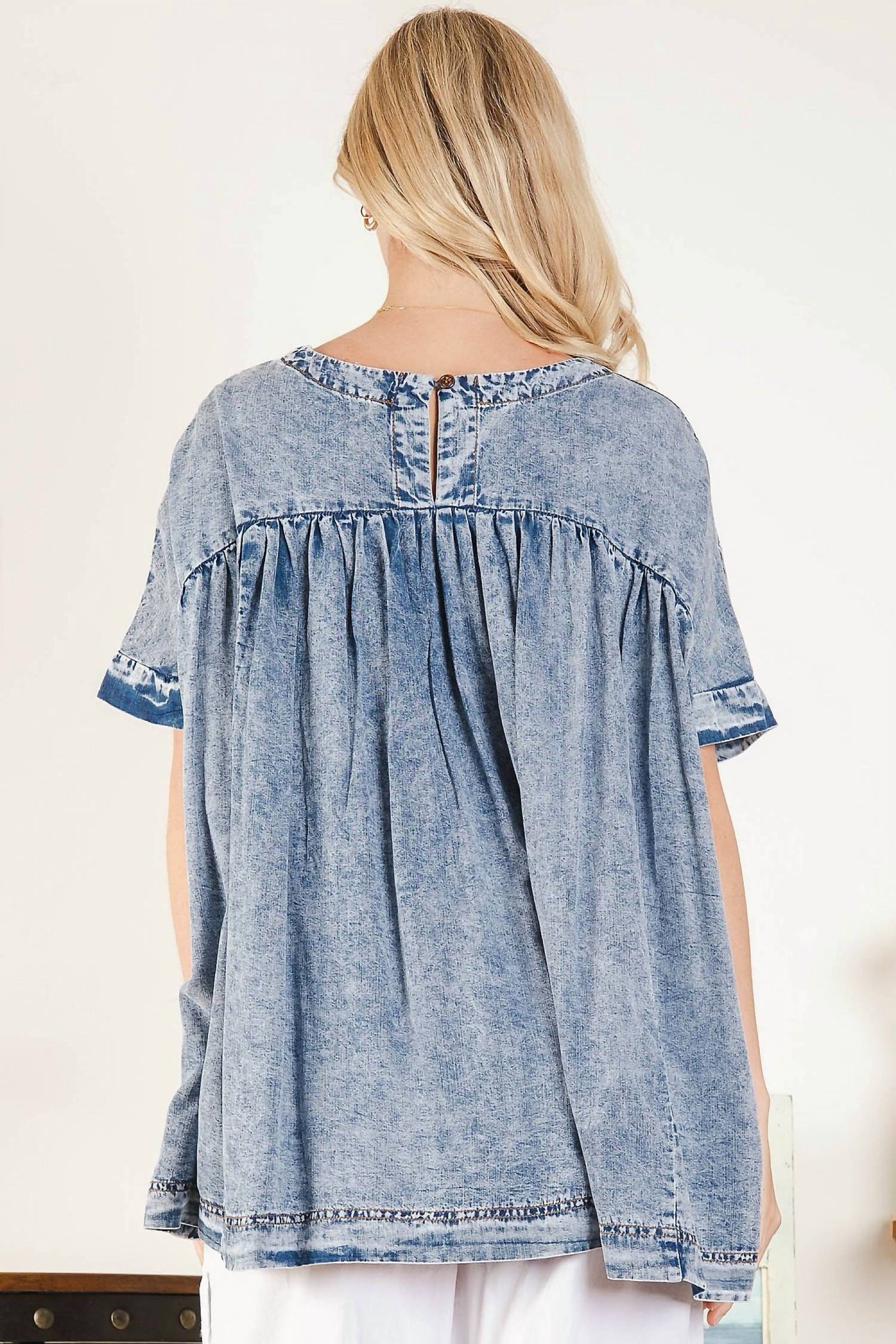 Blue Velvet Babydoll Washed Top With Pockets in blue - women's blouse - alternate view