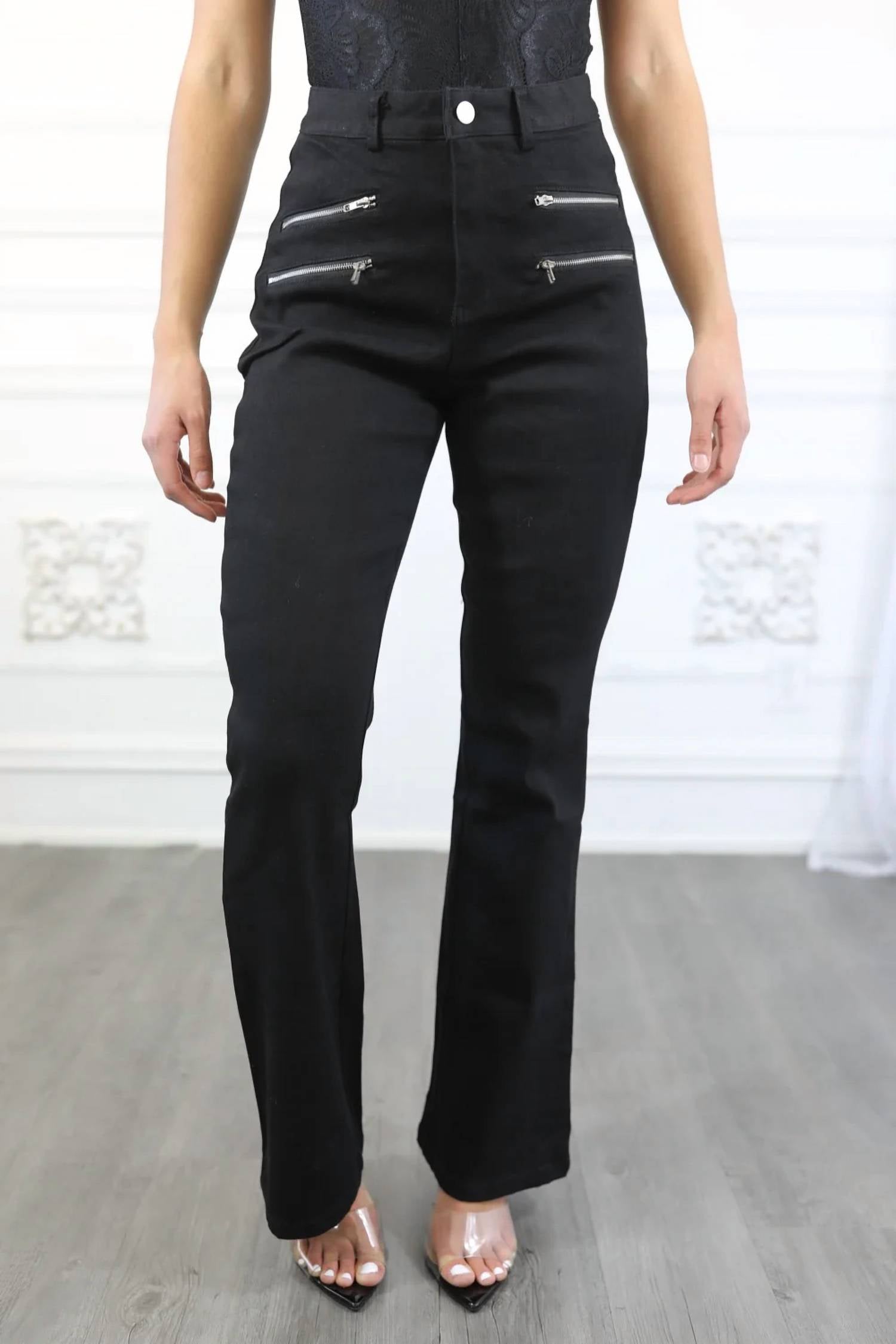 Surelymine - Double Zipper Detail Flared Slack Pant