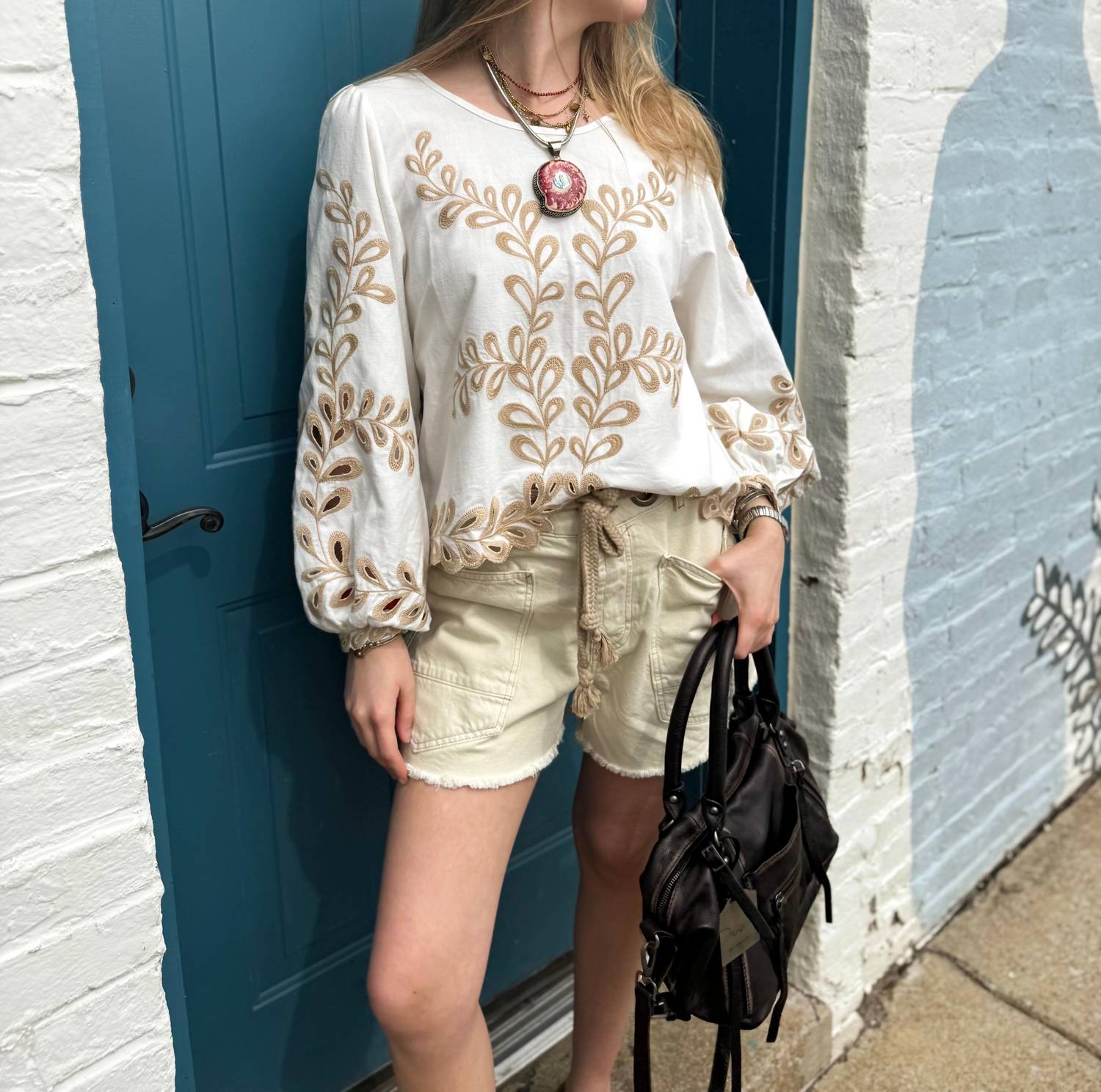 a.ren Felicity Embroidered Top in off white - women's long sleeve top - alternate view