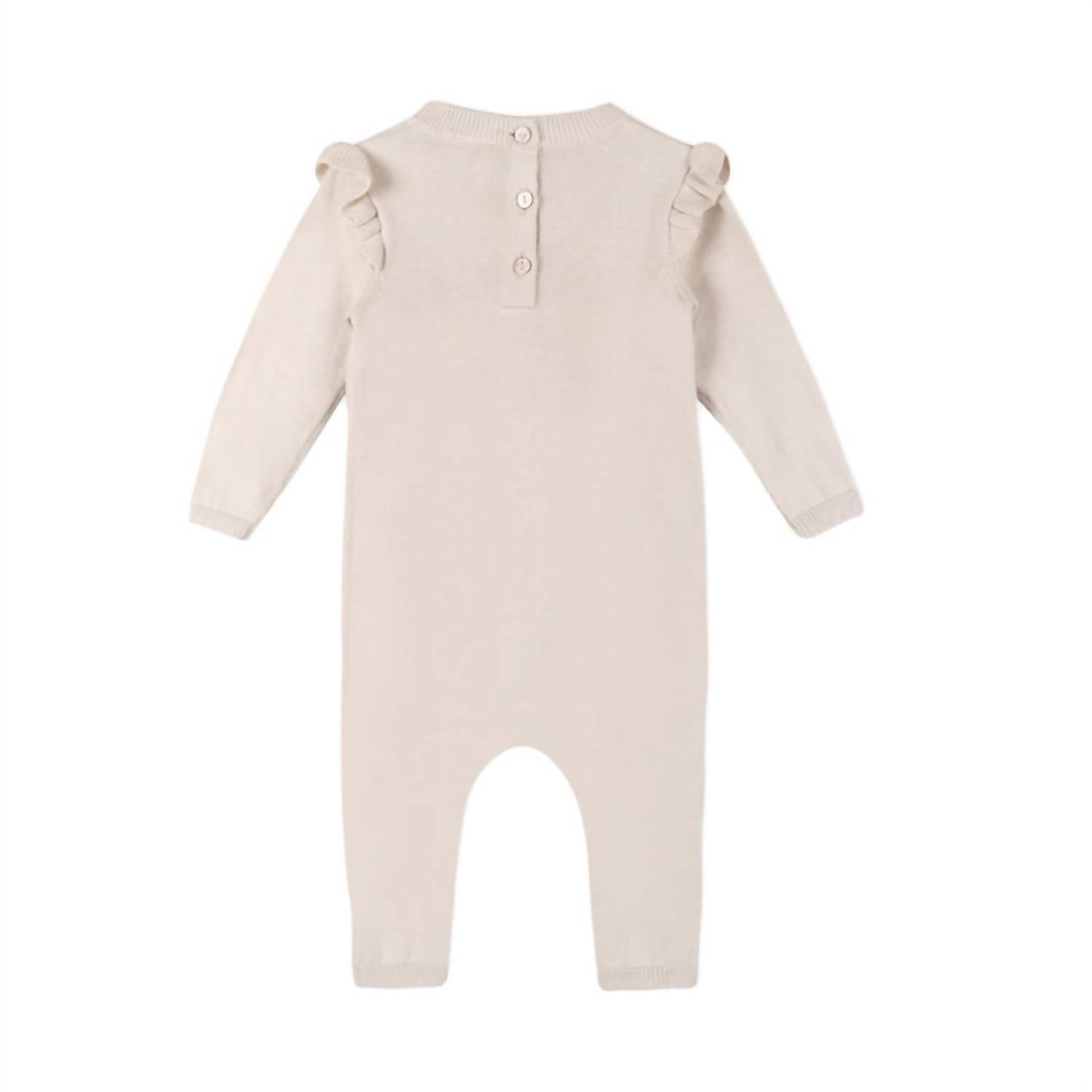 VIVERANO Organics Kid's Floral Embroidered Ruffle Sweater Jumpsuit in stone - kids' item - detail view