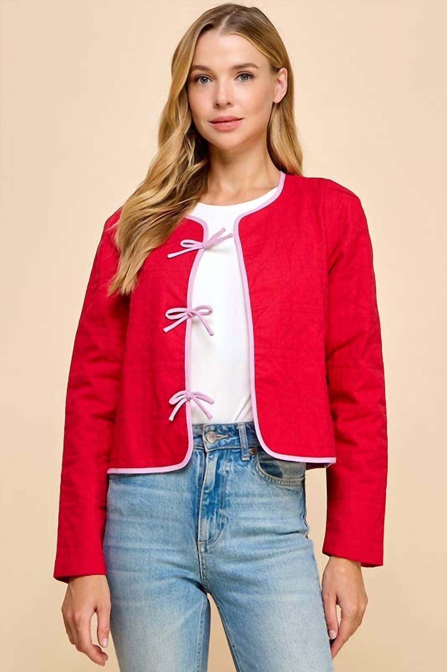 Tcec - Emily Quilted Long Sleeve Accented Bow Jacket