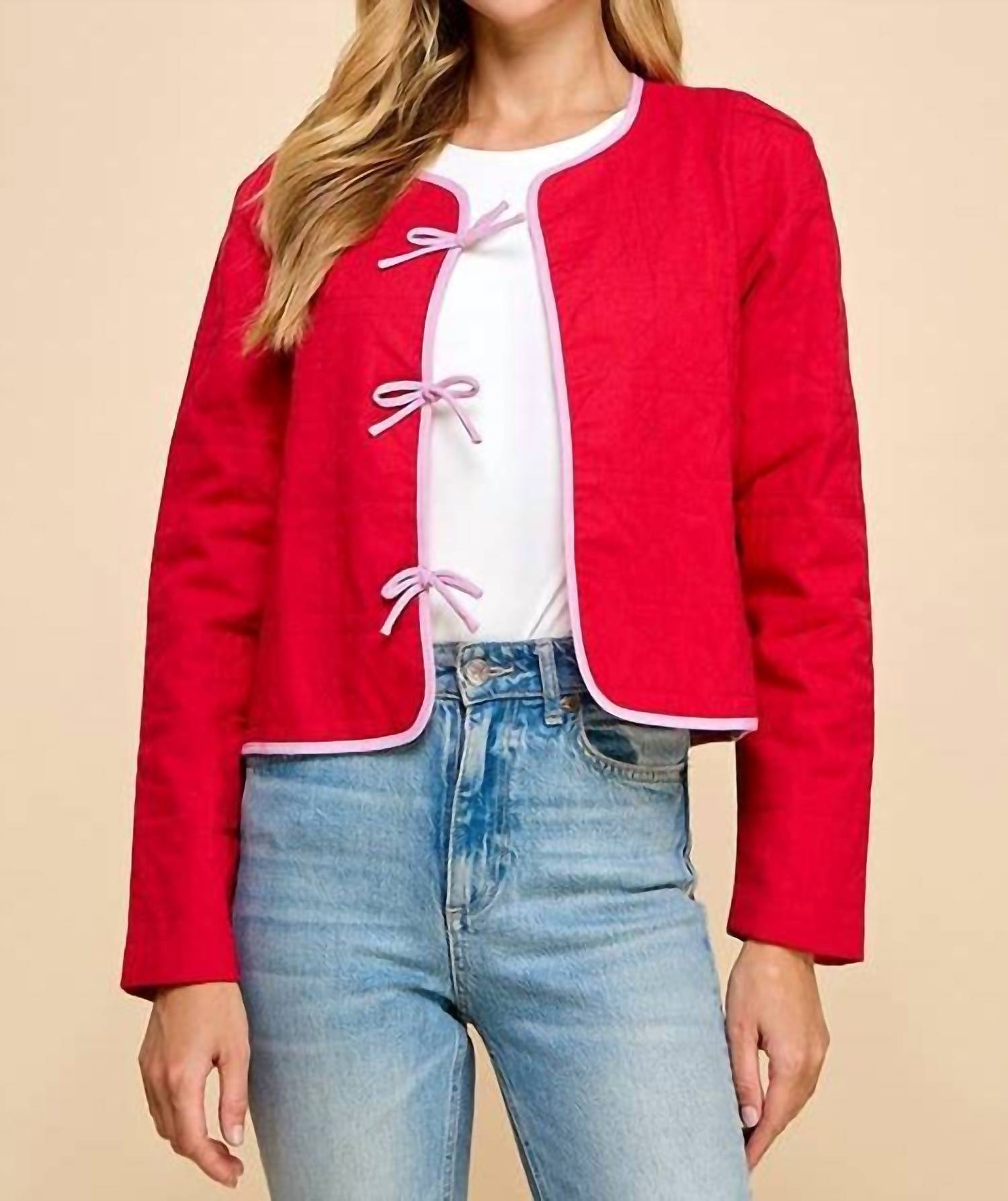 Tcec - Emily Quilted Long Sleeve Accented Bow Jacket